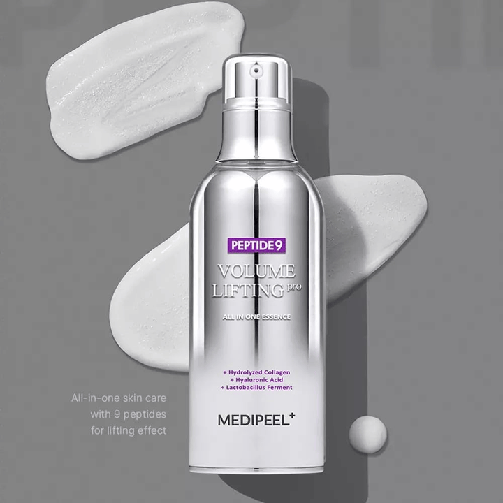 Medi-Peel Peptide 9 Volume Lifting All In One Essence Pro – Korean essence with peptides, collagen, and hyaluronic acid that helps to moisturize the skin and improve skin elasticity.