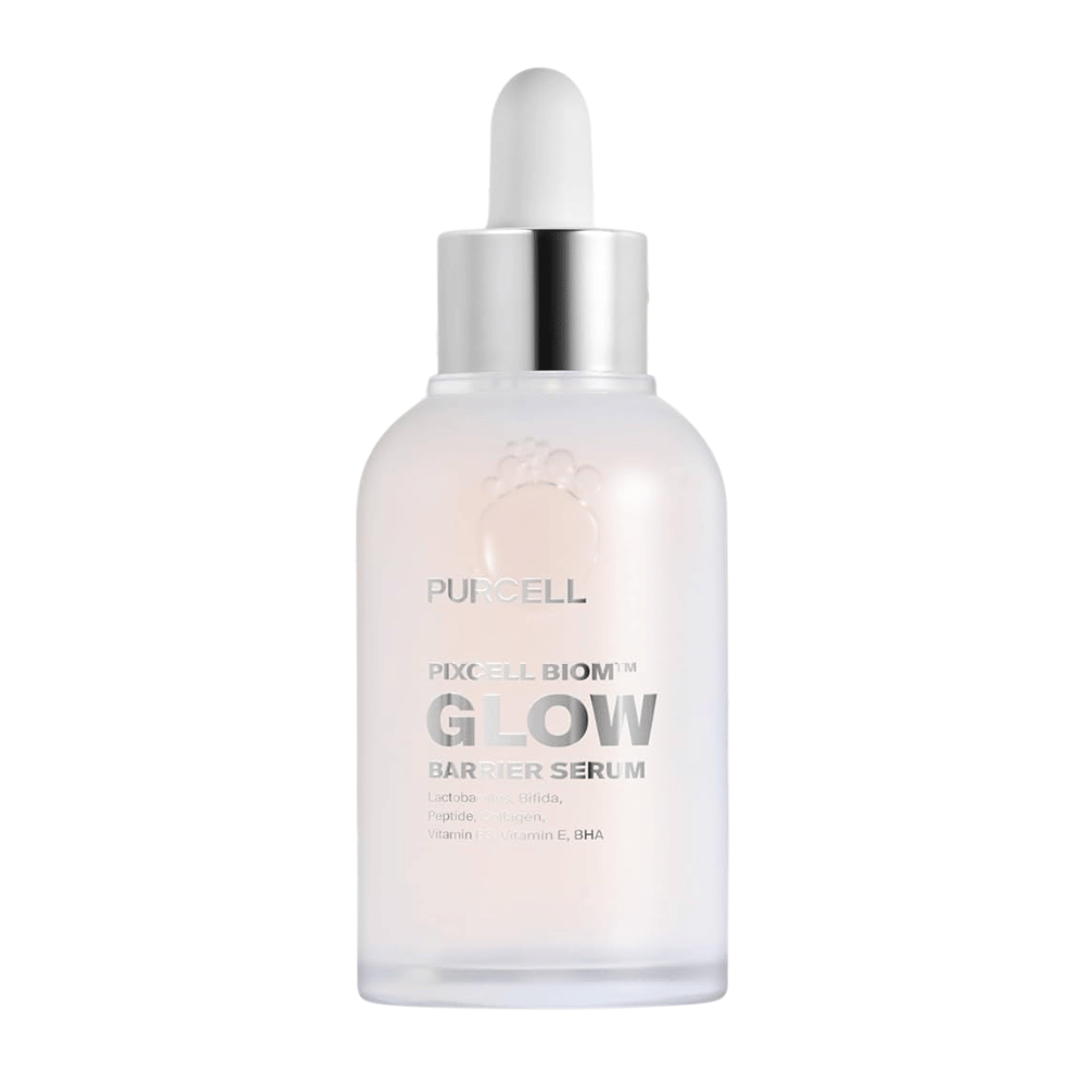 Product image of PURCELL Pixcell Biom Glow Barrier Serum in a frosted glass bottle with a dropper – strengthens the skin barrier and provides a natural glow.