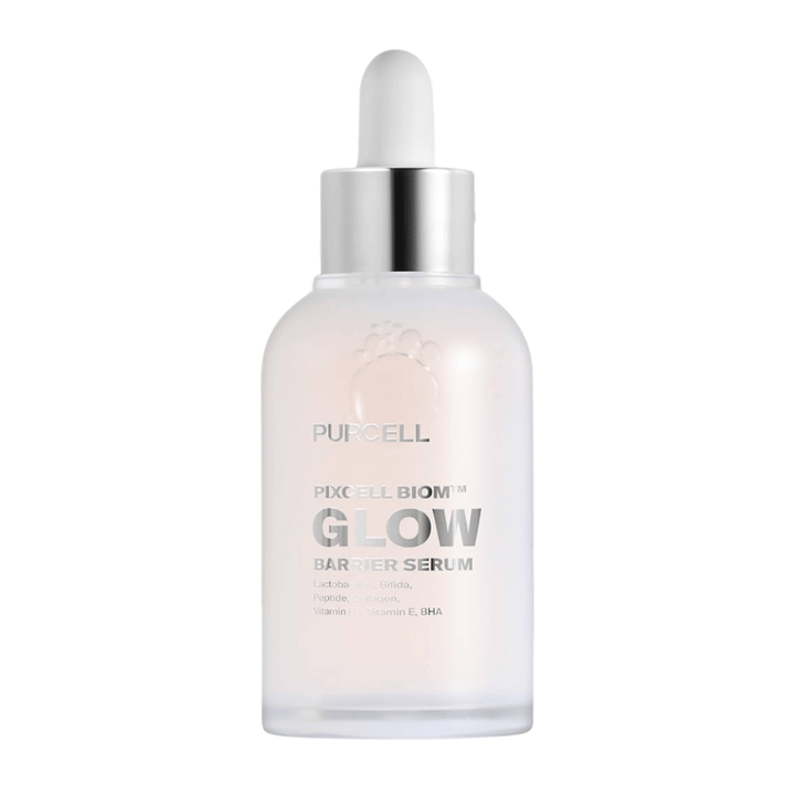 Produktbild av PURCELL Pixcell Biom Glow Barrier Serum i frostat glasflaska med pipett – stärker hudbarriären och ger naturlig glow.