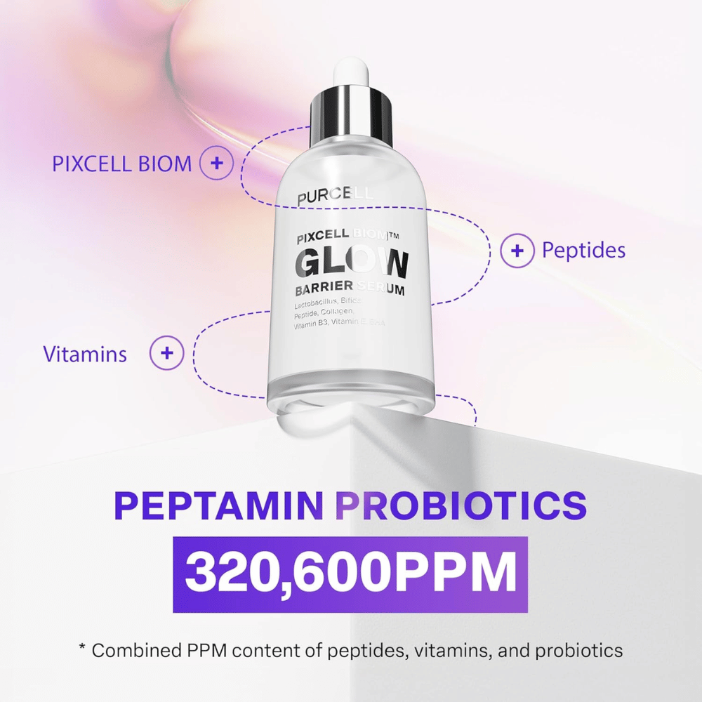 PURCELL Pixcell Biom Glow Barrier Serum with Peptamin Probiotics 320 600 PPM – combination of peptides, vitamins, and probiotics.