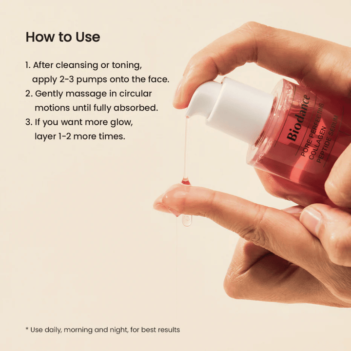 Biodance Pore Perfecting Collagen Peptide Serum applied – pore-minimizing serum with collagen and peptides.