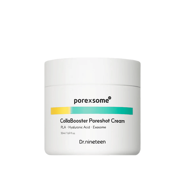 Produktbild av Porexsome CollaBooster Poreshot Cream i vit burk med färgdetaljer i gult och turkos. En porförfinande och återfuktande ansiktskräm.