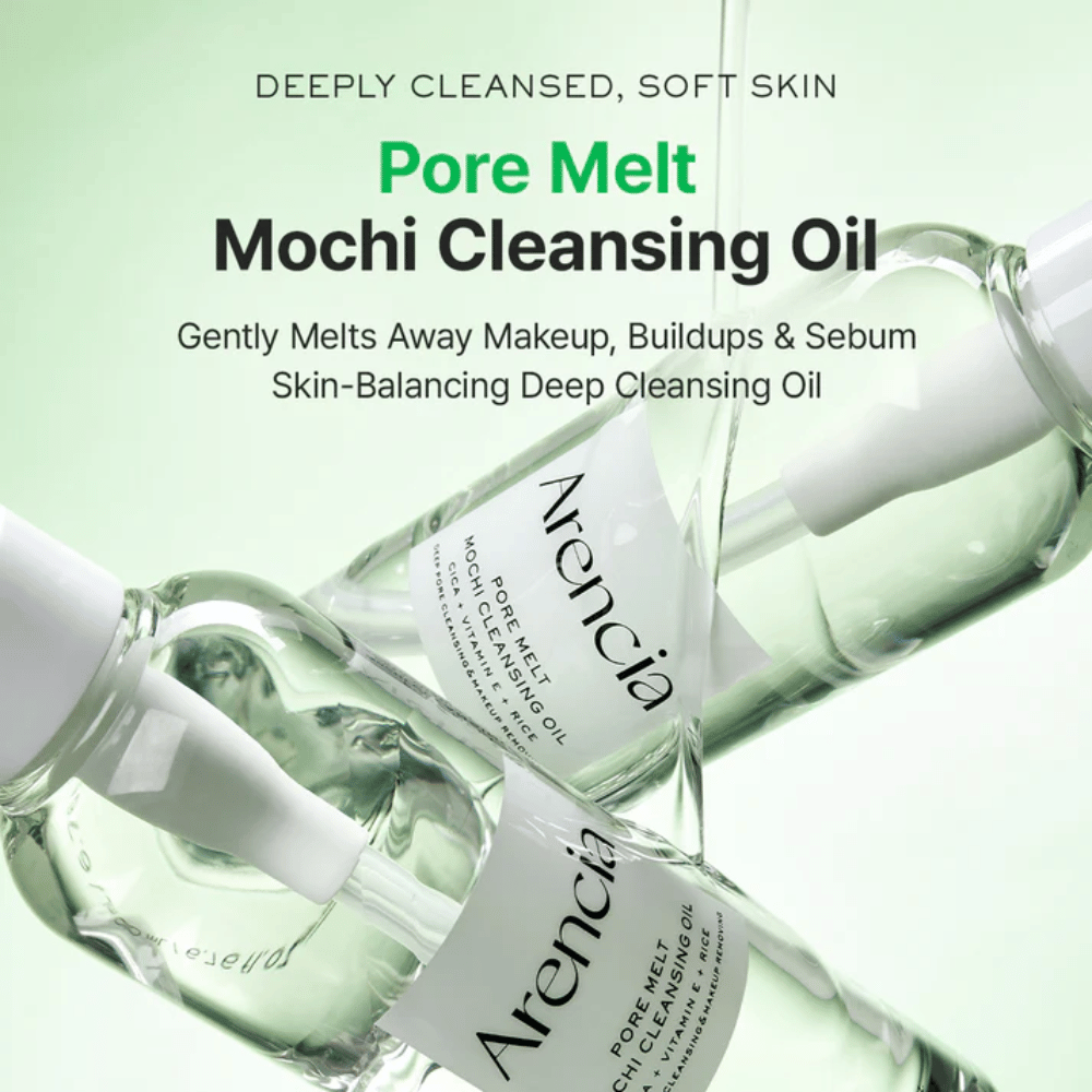 Product image with benefits for Arencia Pore Melt Mochi Cleansing Oil, melts away makeup and sebum, supports the skin barrier, and leaves the skin soft without tightness.