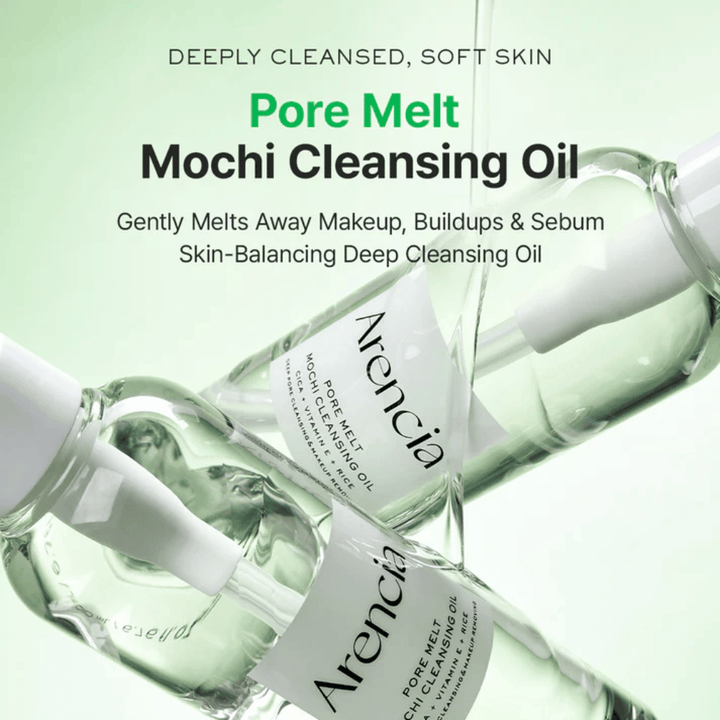 Product image with benefits for Arencia Pore Melt Mochi Cleansing Oil, melts away makeup and sebum, supports the skin barrier, and leaves the skin soft without tightness.
