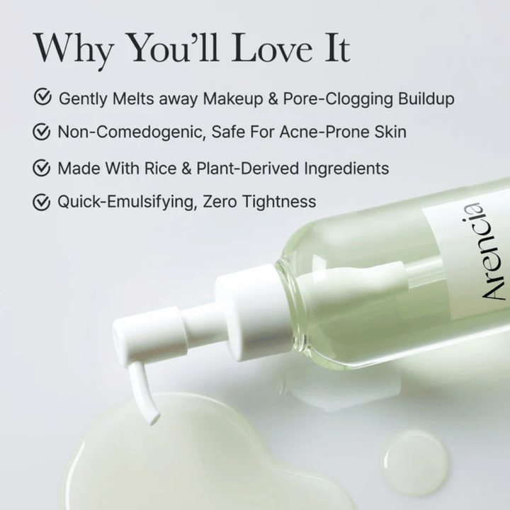 Information image about Arencia Pore Melt Mochi Cleansing Oil being 100% pore-friendly and non-comedogenic, designed for sensitive and acne-prone skin.