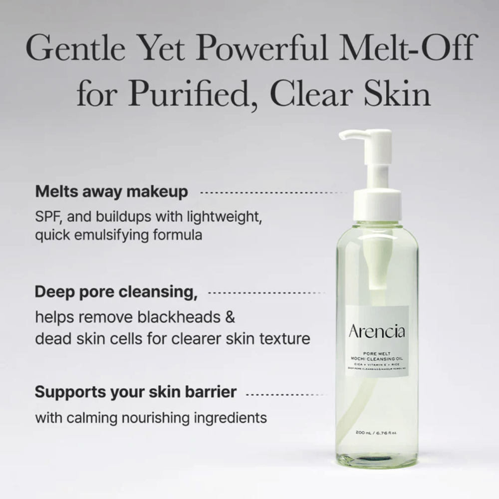 Arencia Pore Melt Mochi Cleansing Oil in full view with text about deep cleansing, dissolves makeup, SPF and impurities while maintaining the skin's moisture balance.