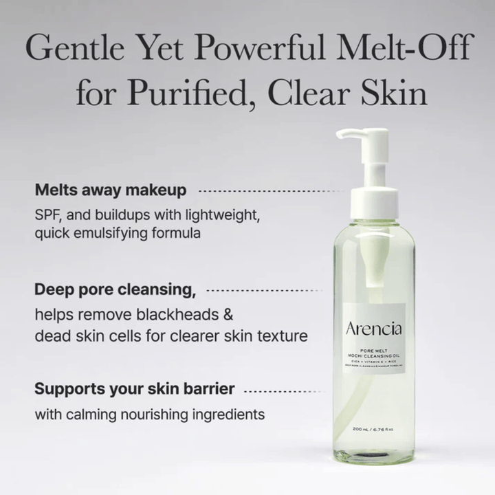 Arencia Pore Melt Mochi Cleansing Oil in full view with text about deep cleansing, dissolves makeup, SPF and impurities while maintaining the skin's moisture balance.