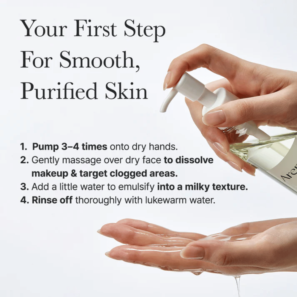 Instruction image showing how Arencia Pore Melt Mochi Cleansing Oil is used as the first step in the cleansing routine for smoother, cleaner, and more balanced skin.