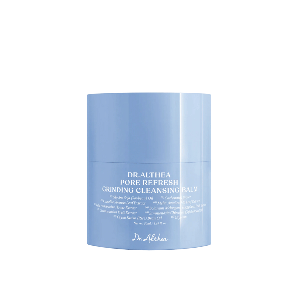 Dr.Althea Pore Refresh Grinding Cleansing Balm, 50 ml jar with a blue plastic lid. The label on the jar is white with the text "Pore Refresh Grinding Cleansing Balm" and contains ingredients such as Glycine Soja (Soybean) Oil, Camellia Sinensis Leaf Extract, and Oryza Sativa (Rice) Bran Oil.