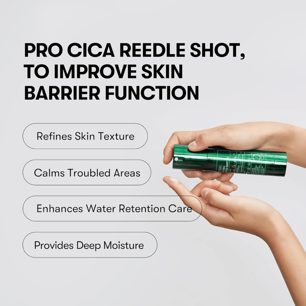 VT Cosmetics Pro Cica Reedle Shot 100 is applied to the skin to improve the skin barrier, soothe sensitive skin, and provide deep hydration