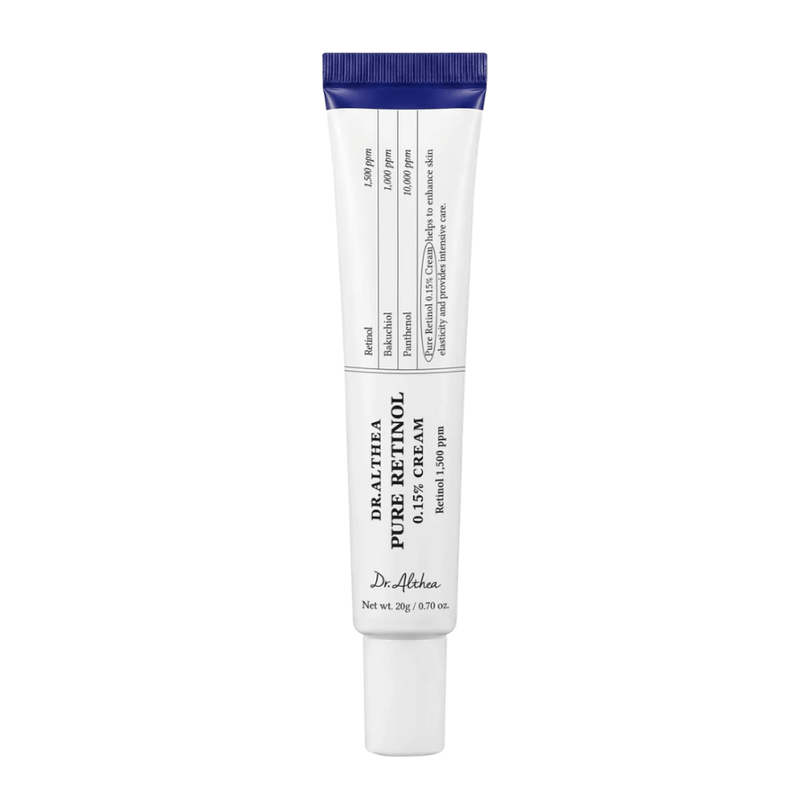 Cut-out product image of Dr. Althea Pure Retinol 0.15% Cream against a white background. The minimalist tube design highlights the product’s clean and clinical appearance while the retinol concentration is clearly communicated on the packaging.