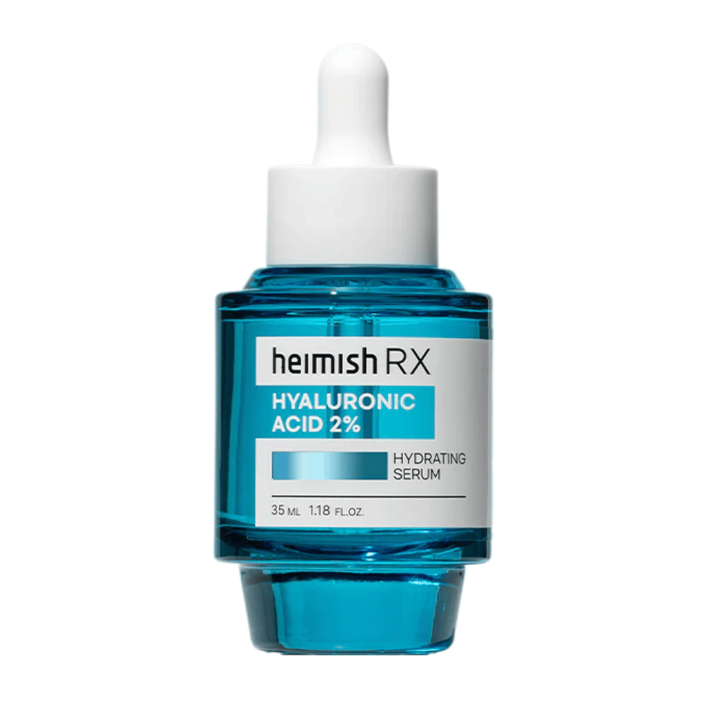 Heimish RX Hyaluronic Acid 2% Hydrating Serum in a blue glass bottle with a dropper cap, designed for intensive skin hydration.