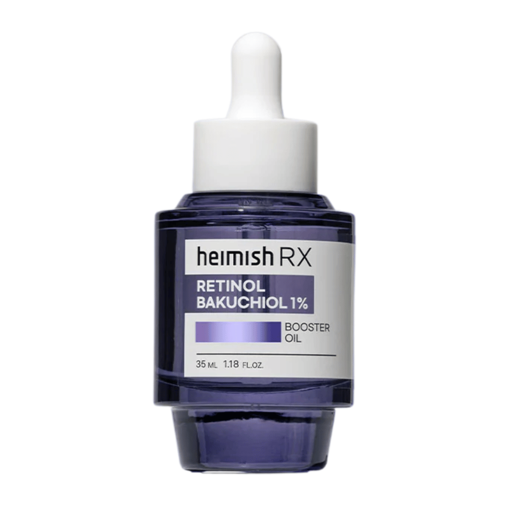 Heimish RX Retinol Bakuchiol Booster Oil in an elegant purple glass bottle with a pipette, designed to enhance skin elasticity and reduce fine lines.