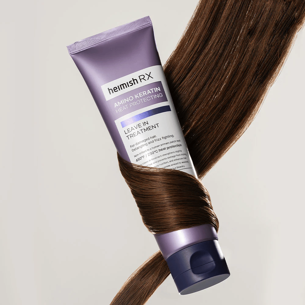 Heimish RX Amino Keratin Leave-In Treatment – nutrient-rich heat-protective hair treatment surrounded by shiny hair, symbolizes strengthening and moisturizing effect for damaged hair.