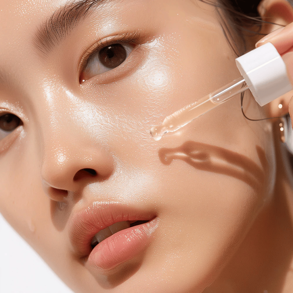 Close-up of a person with radiant skin applying Heimish RX Retinol Bakuchiol Booster Oil with a pipette. The oil is gently dropped on the cheek for intense hydration and nourishment.