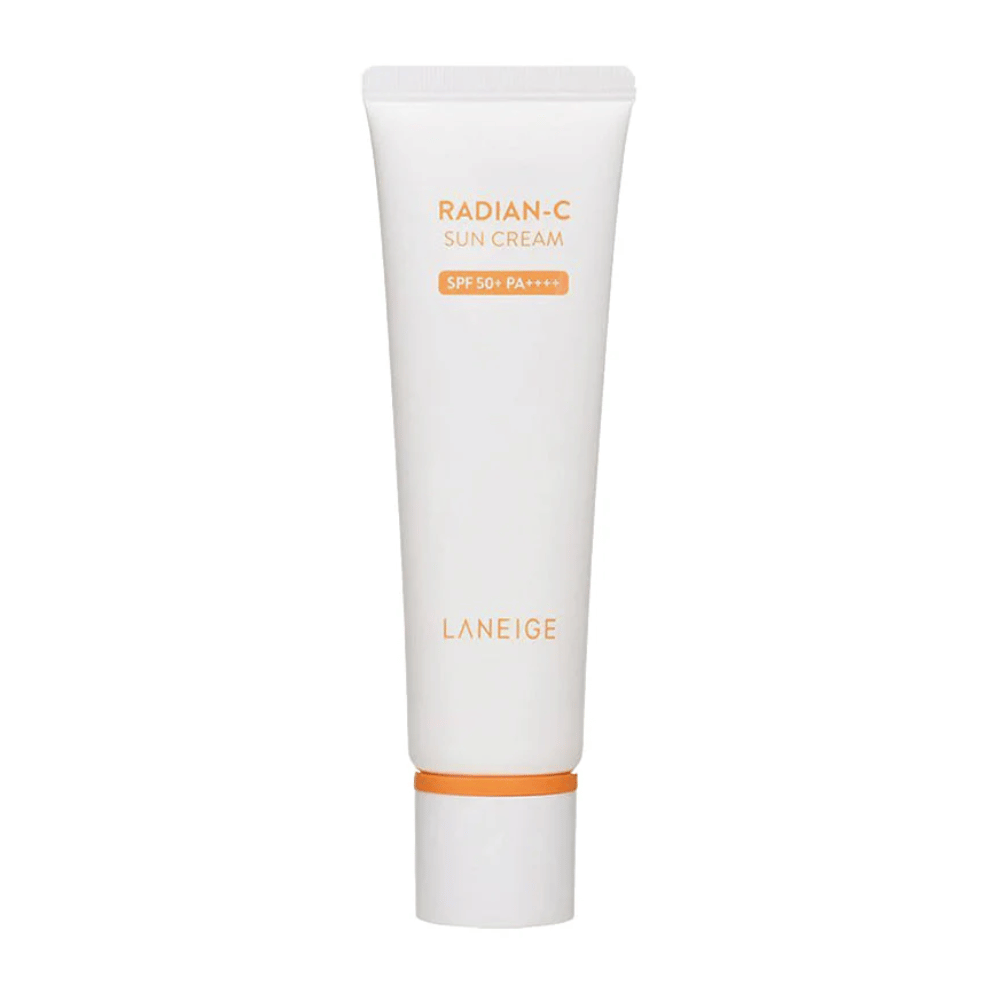 LANEIGE Radian-C Sun Cream SPF 50+ PA++++ i vit tub med orange text, frilagd mot vit bakgrund.