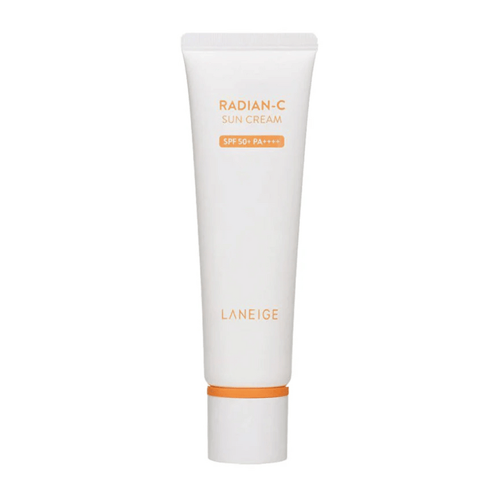 LANEIGE Radian-C Sun Cream SPF 50+ PA++++ i vit tub med orange text, frilagd mot vit bakgrund.