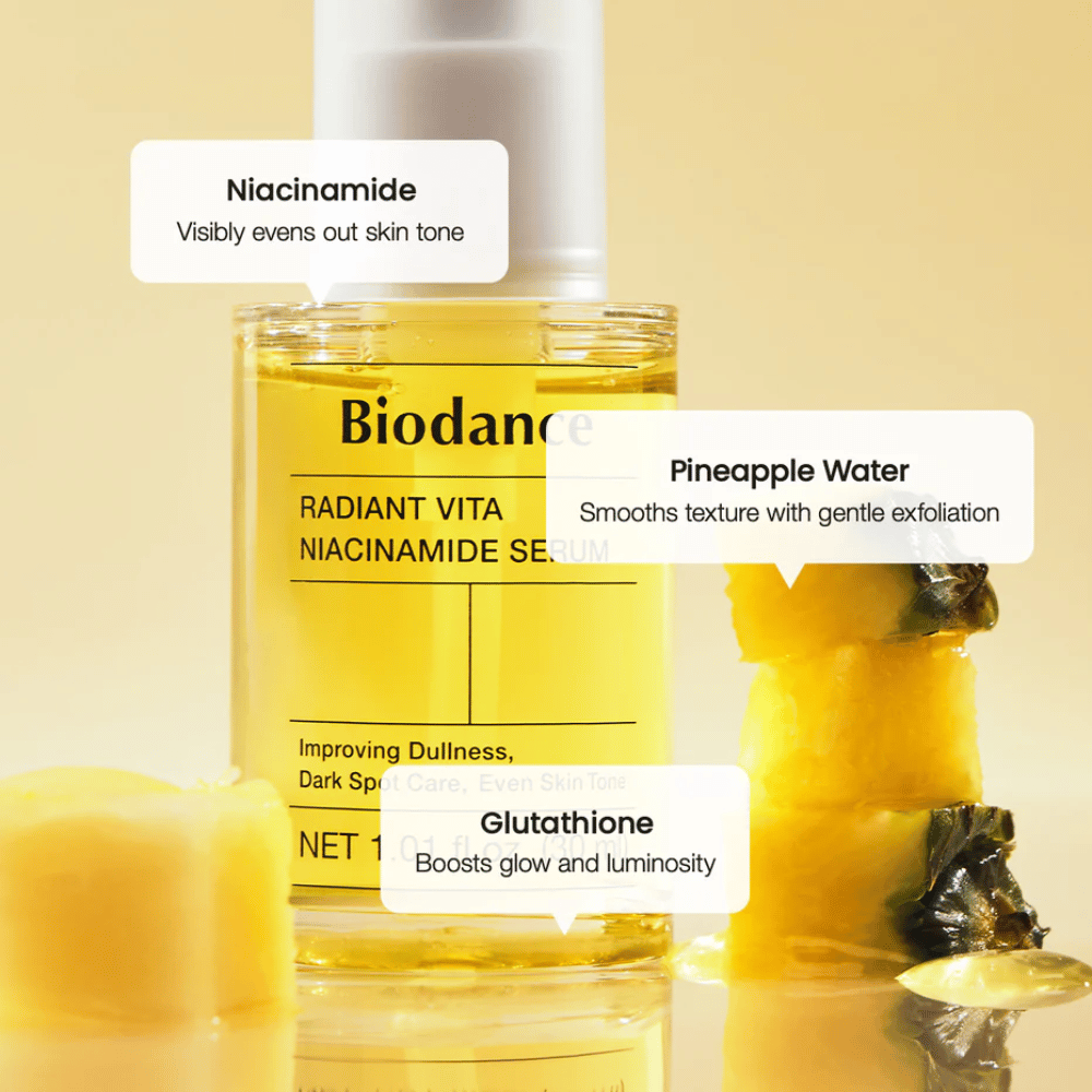Biodance Radiant Vita Niacinamide Serum with niacinamide, pineapple water, and glutathione for radiance, even skin tone, and mild exfoliation