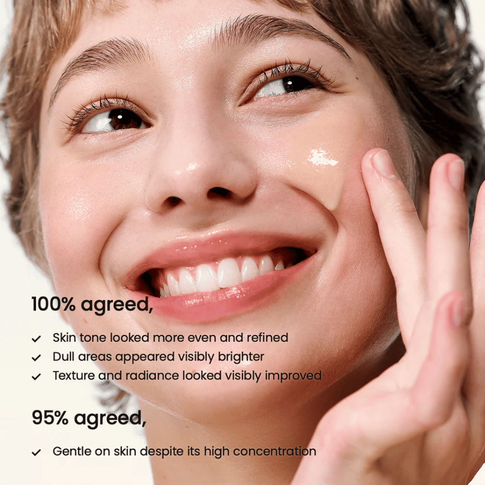 Woman applies Biodance Radiant Vita Niacinamide Serum on face for even skin tone, increased radiance, and improved skin texture