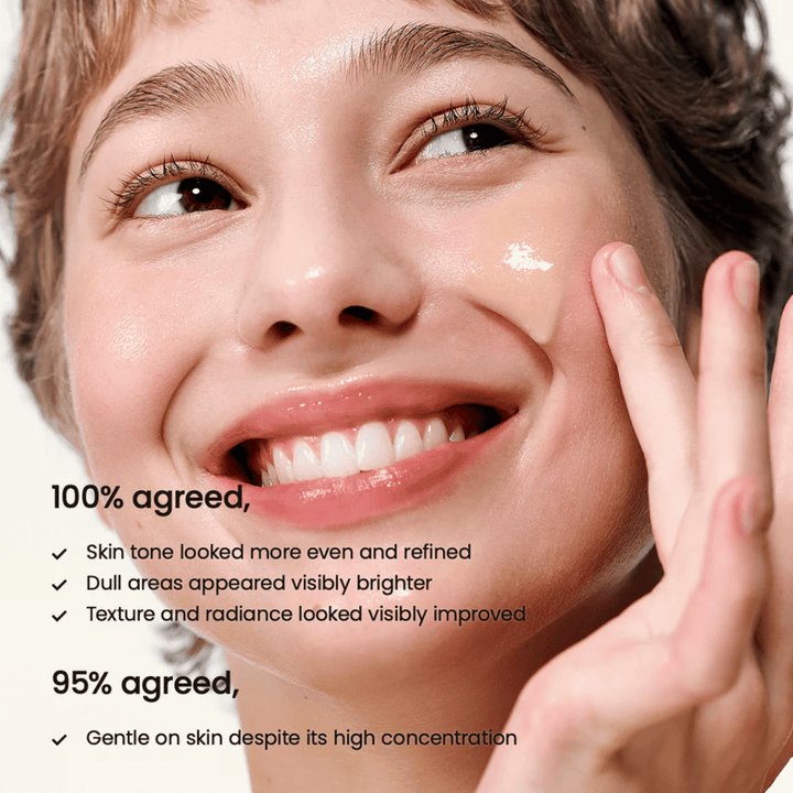 Woman applies Biodance Radiant Vita Niacinamide Serum on face for even skin tone, increased radiance, and improved skin texture