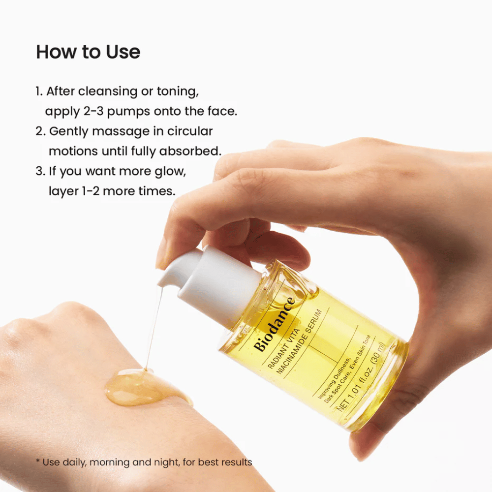 Biodance Radiant Vita Niacinamide Serum applied on hand – how to use the serum after cleansing for a more even skin tone and radiance