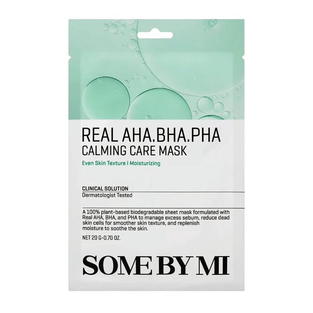 Clean product image of SOME BY MI Real AHA.BHA.PHA Calming Care Mask against a white background. The packaging shows the product's main ingredients, AHA, BHA, and PHA, as well as its purpose of exfoliating the skin, reducing excess sebum, and helping to create softer and more hydrated skin. The design features green tones that convey freshness and caring properties.