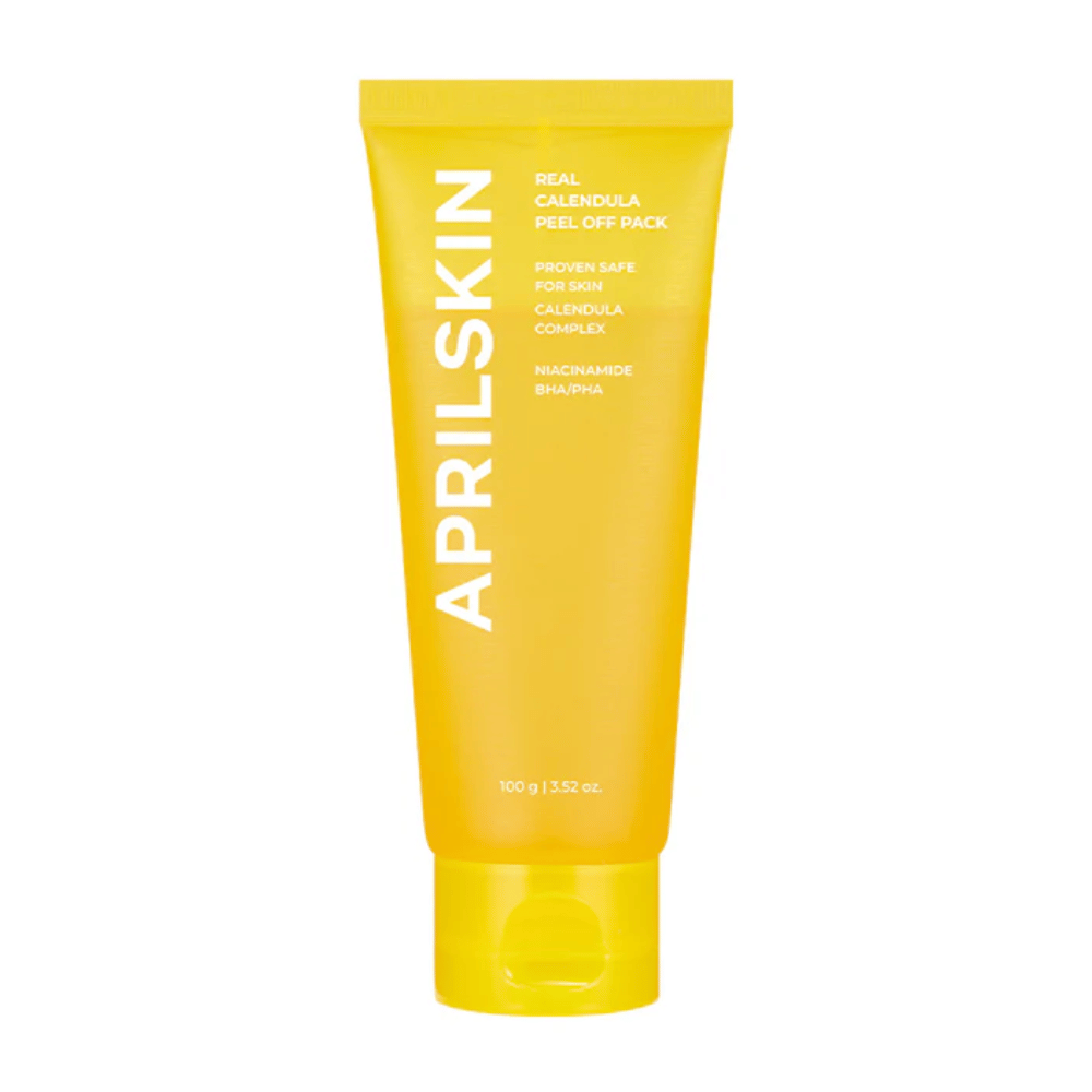 The image shows a yellow tube with "Real Calendula Peel Off Pack" from APRILSKIN. The product contains ingredients such as calendula, niacinamide, as well as BHA and PHA to gently exfoliate the skin.