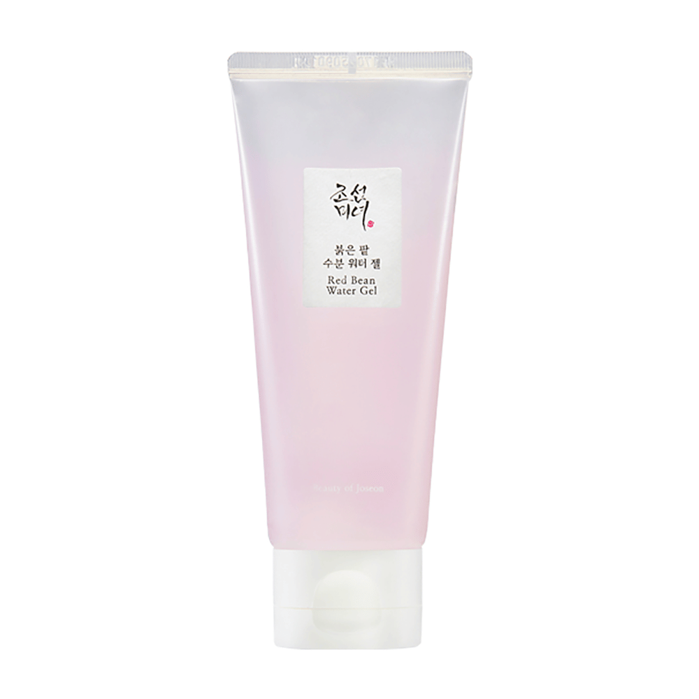 The image shows a tube of "Red Bean Water Gel" from Beauty of Joseon. The product has a light pink color scheme on the packaging and appears to be a skincare product with red beans, which may suggest it has properties to improve skin texture and radiance.