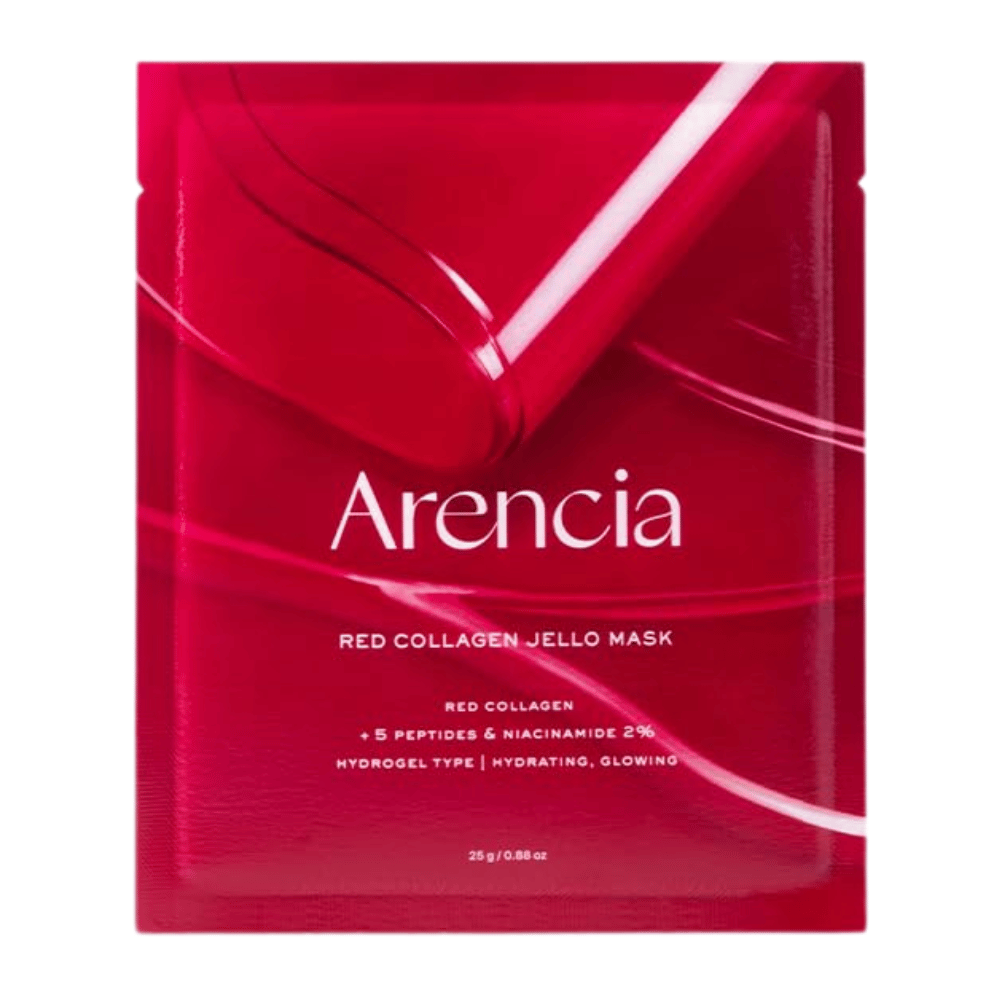 Close-up of Arencia Red Collagen Jello Mask showing the gel-like consistency and serum-rich mask for intensive collagen care.