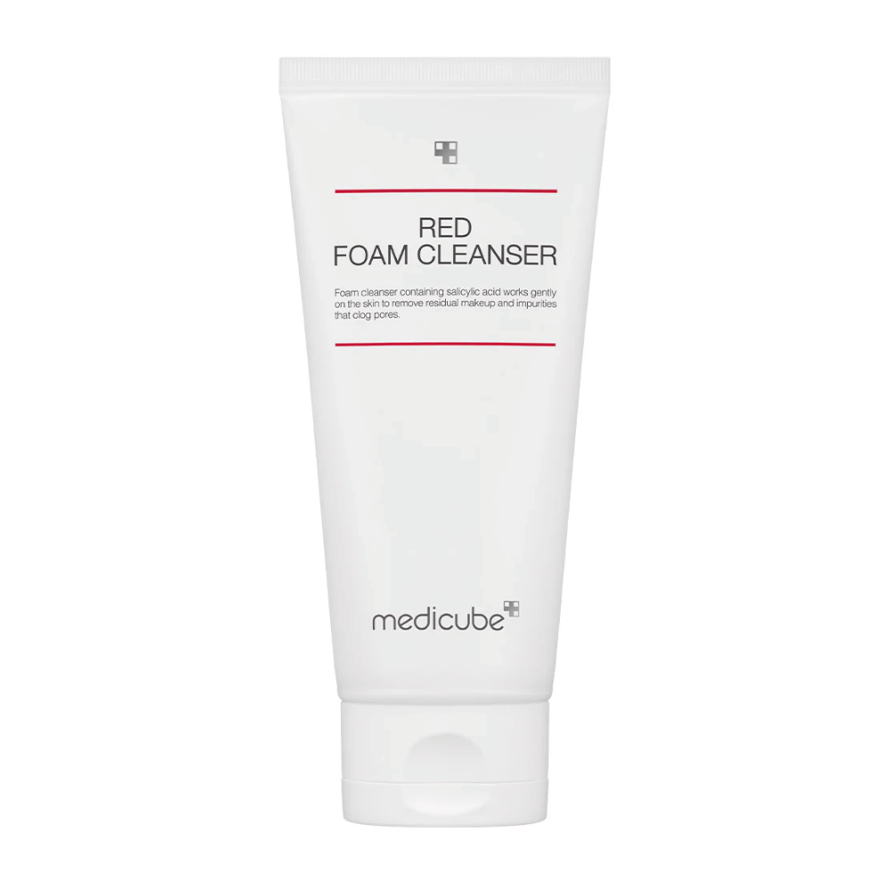 Product image of Medicube Red Foam Cleanser in a white tube with red lines and black text, standing upright against a white background.
