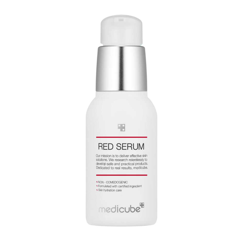 medicube Red Serum 2.0 – white pump bottle with silver details, designed to moisturize the skin and prevent blemishes without clogging pores.