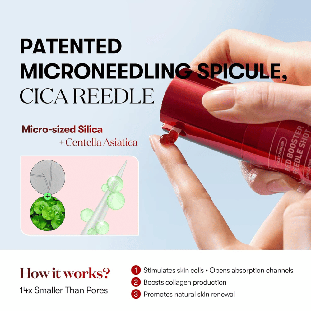 Close-up of VT Cosmetics Red Booster Reedle Shot 100 showing patented microneedling spicule with CICA Reedle, microscopic silica, and Centella Asiatica stimulating skin renewal and collagen.