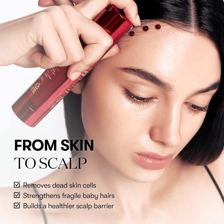 VT Cosmetics Red Booster Reedle Shot 100 is applied along the hairline and in the scalp to exfoliate dead skin cells, strengthen baby hair, and improve the scalp's barrier.