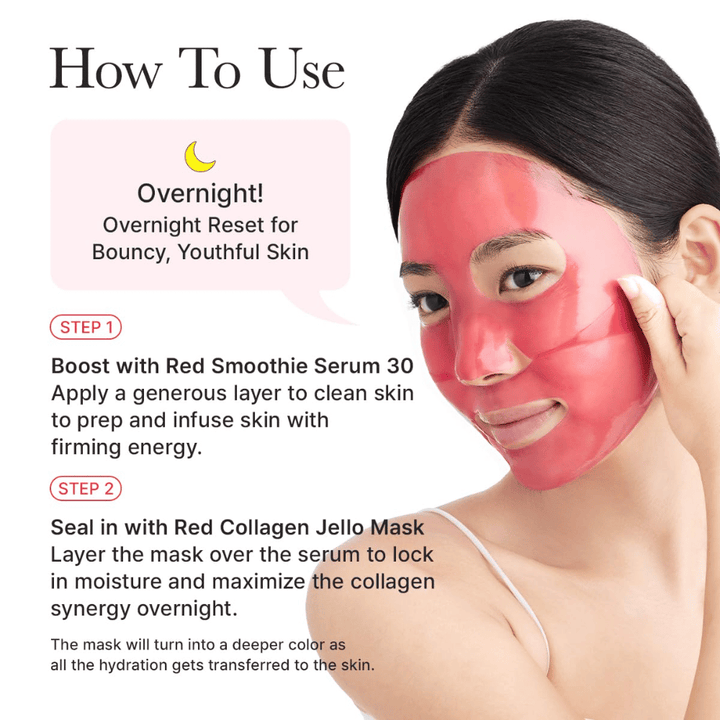 Usage guide for Arencia Red Collagen Jello Mask as a night mask – apply after serum to provide firmness, deep hydration, and youthful skin overnight.