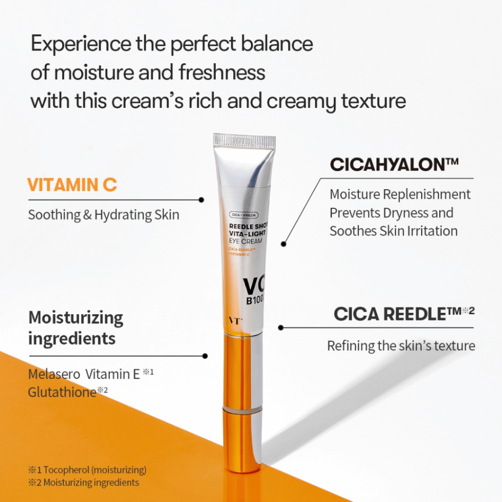 VT Reedle Shot Vita-Light Eye Cream with vitamin C, E, and CICA complex – eye cream in a metallic tube that moisturizes, soothes, and improves skin texture.