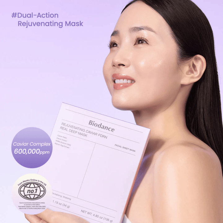 Product image of Biodance Rejuvenating Caviar PDRN Real Deep Mask – purple Sheet mask packaging with caviar, PDRN and moisturizing formula