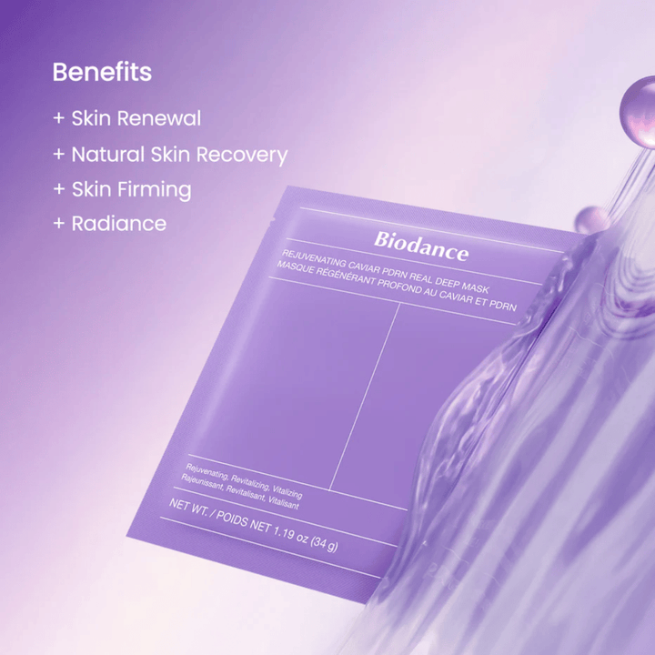 Biodance Rejuvenating Caviar PDRN Real Deep Mask on model with natural glow and visible shine after use