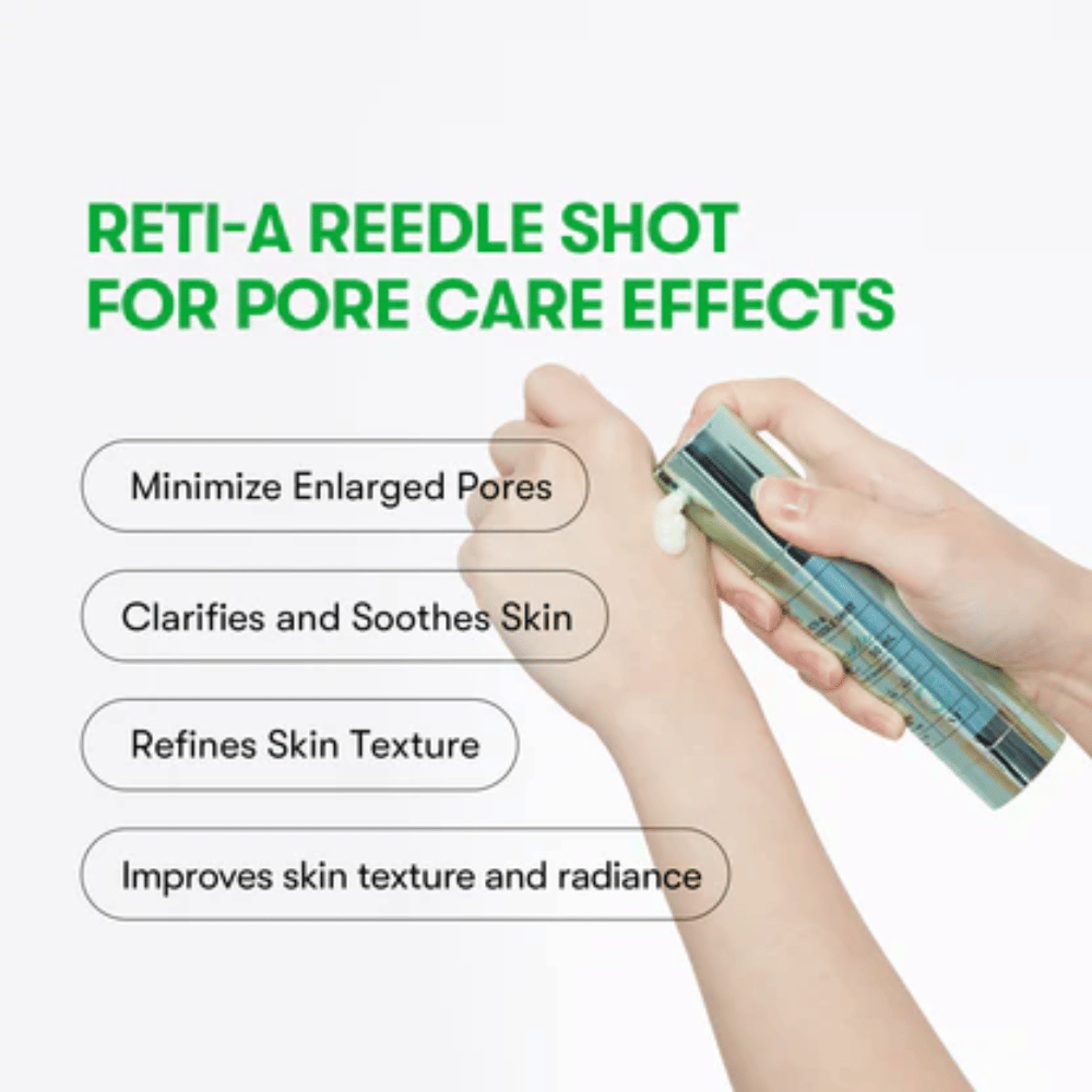 VT Reti-A Reedle Shot applied on hand, showing the serum's texture and its effect to minimize pores, soothe the skin, and improve skin radiance.