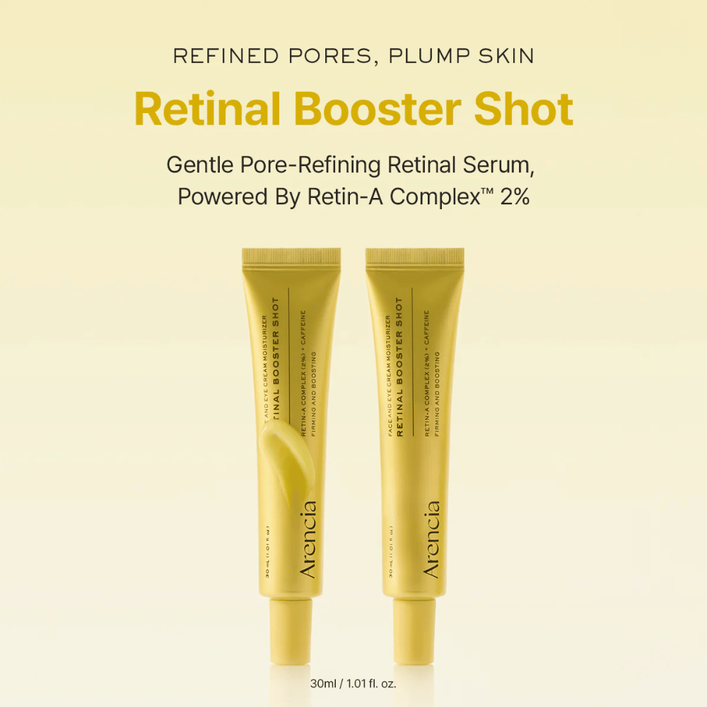 Product presentation of Arencia Retinal Booster Shot 2%, mild retinal serum for refined pores, plumped skin, and smoother skin texture.