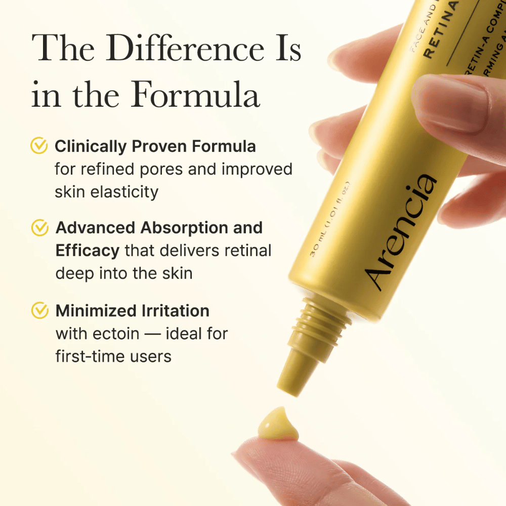 Close-up of Arencia Retinal Booster Shot showing the formula and benefits such as clinically proven effect, improved absorption, and minimized irritation.