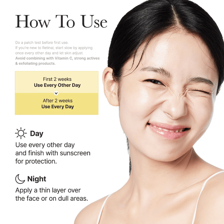 Instructional image for Arencia Retinal Booster Shot with recommended use every other day for the first two weeks and then daily, day and night routine for retinal.