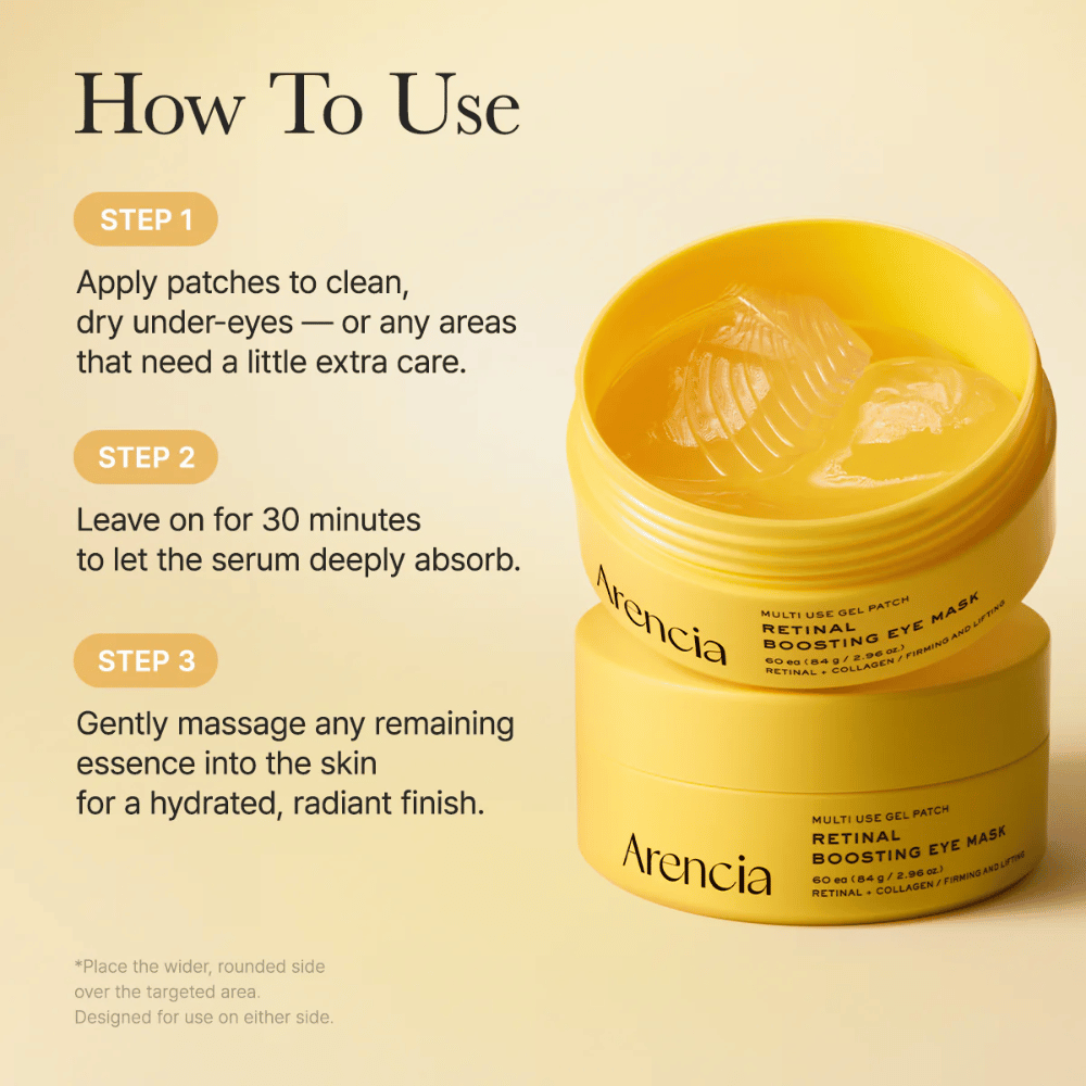 Instruction image for Arencia Retinal Boosting Eye Mask with a step-by-step guide. The patches are applied to clean, dry skin, left on for about 30 minutes, and the remaining essence is then massaged in for extra hydration and radiance.