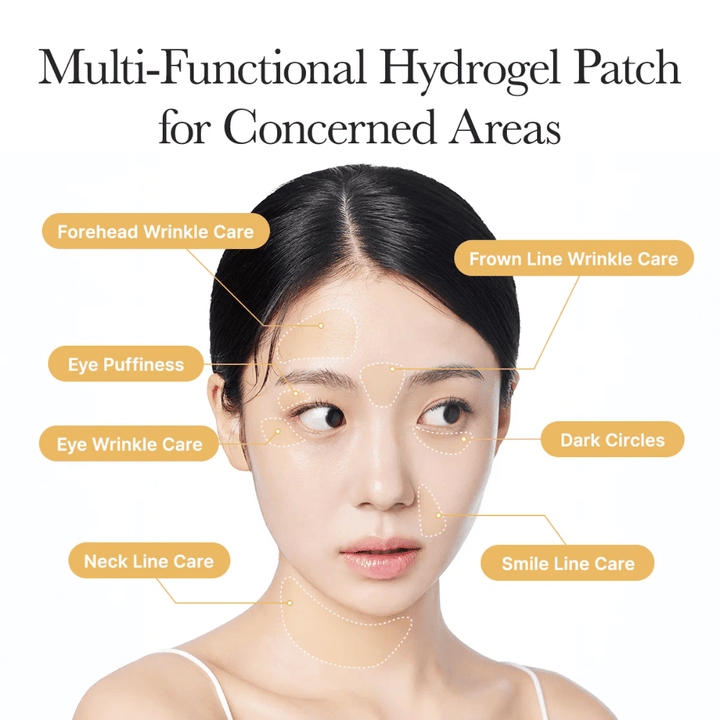 Informational image showing how the hydrogel patches can be used on several areas of the face, for example under the eyes, on the forehead, between the eyebrows, around the mouth, and on the neck to help with fine lines, dark circles, and puffiness.