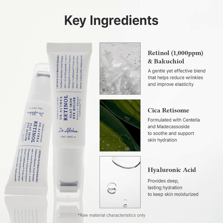 Dr. Althea Retinol Flat Iron Eye Roller with retinol, bakuchiol, cica, and hyaluronic acid that moisturizes, soothes, and reduces wrinkles.