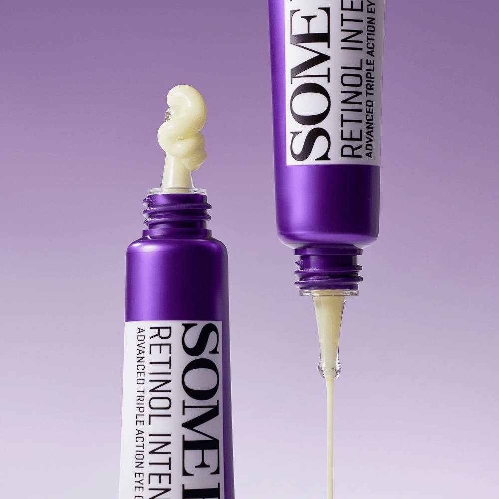 SOME BY MI Retinol Intense Advanced Triple Action Eye Cream with retinol – close-up of the cream's texture in a purple tube for reduced wrinkles and dark circles.