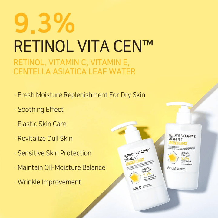 Two bottles on a yellow background together with text highlighting the main benefits: hydration, soothing effect, improved elasticity, protection for sensitive skin, and anti-aging effect.