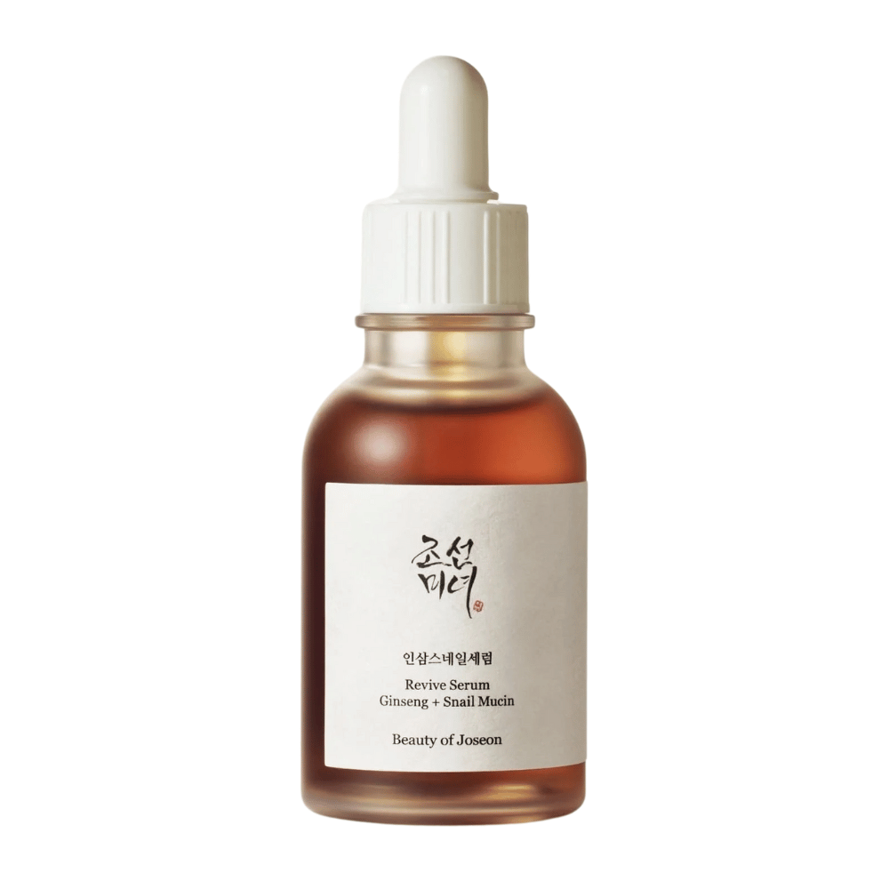 Produktbild på Beauty of Joseon Revive Serum Ginseng + Snail Mucin i brun glasflaska – anti-age serum för fastare hud.