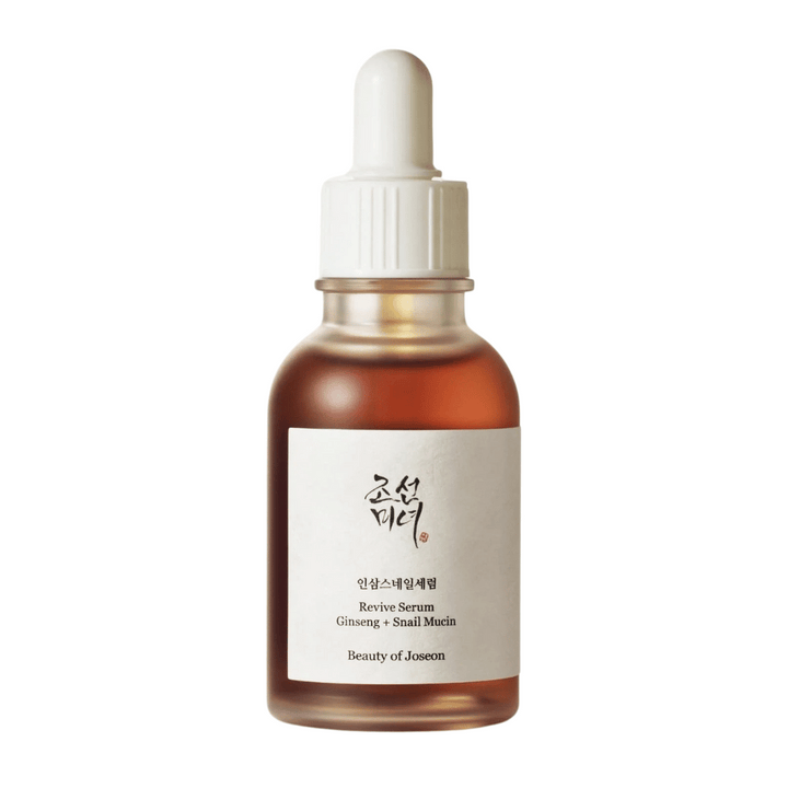 Produktbild på Beauty of Joseon Revive Serum Ginseng + Snail Mucin i brun glasflaska – anti-age serum för fastare hud.