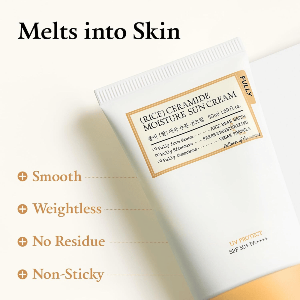 Promotional image for FULLY Rice Ceramide Moisture Sun Cream highlighting the light and fast-absorbing formula. The focus is on the feel on the skin, with messaging that the product melts in without stickiness, white cast, or a heavy finish.