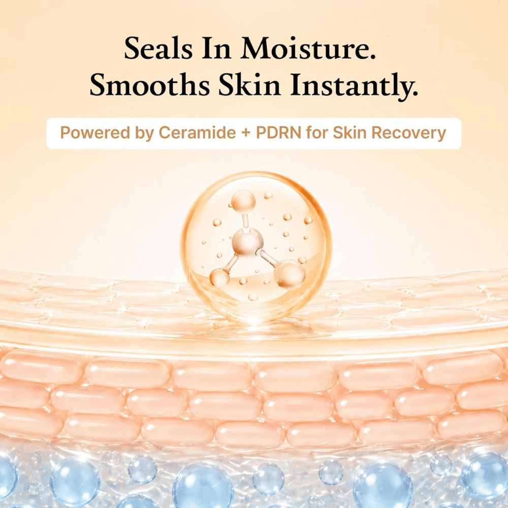 Illustrative skincare image visualizing hydration and skin barrier support with ceramides and PDRN. The design symbolizes how the formula helps the skin lock in moisture and provide a softer, more even skin feel.